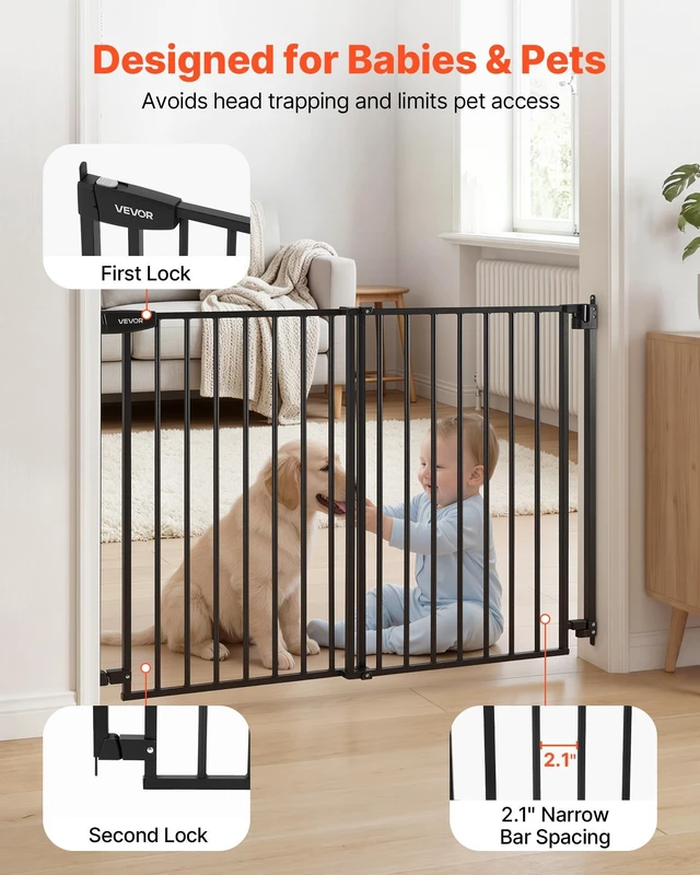 Alt view image 5 of 8 - VEVOR Baby Gate for Stairs, 31-48 in Adjustable Width, 30 in High Dog Gate, No Bottom Bar, One-Handed Operation, Easy Drilling Installation with Hardware Kit, for Stairs, Doorways, and House, Black