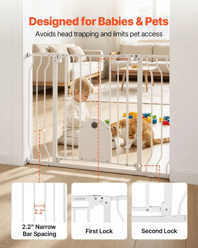 Alt view image 4 of 8 - VEVOR Baby Gate for Stairs, 29.5-43 in Adjustable Width, Baby Gate with Adjustable Cat Door, with Pressure Mount Kit and Wall Mount Kit, Secure Metal Pet Door for Stairs, Doorways, and House, White