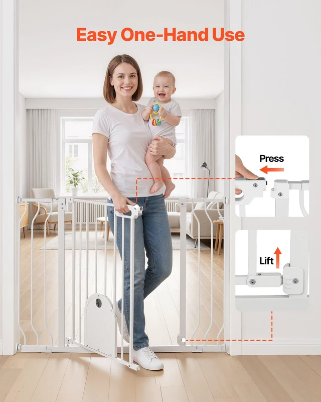 Alt view image 5 of 8 - VEVOR Baby Gate for Stairs, 29.5-43 in Adjustable Width, Baby Gate with Adjustable Cat Door, with Pressure Mount Kit and Wall Mount Kit, Secure Metal Pet Door for Stairs, Doorways, and House, White