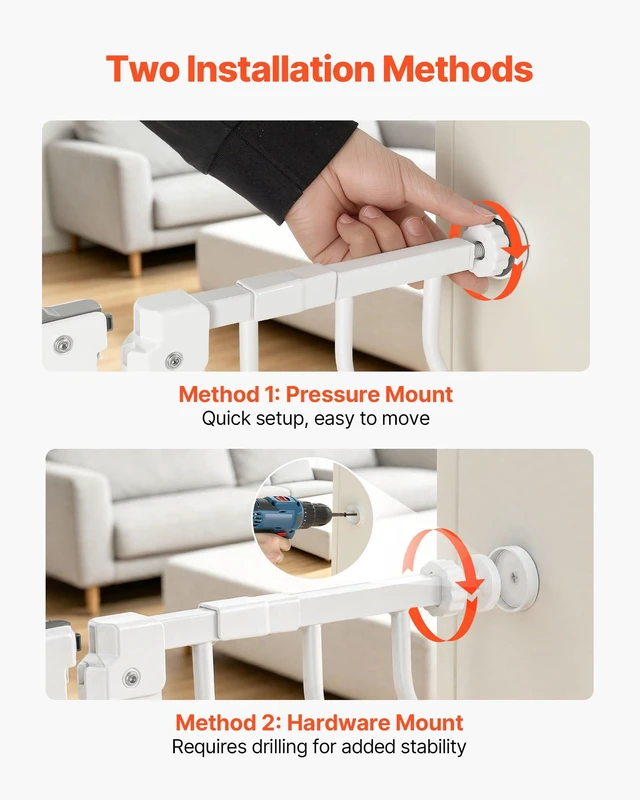Alt view image 7 of 8 - VEVOR Baby Gate for Stairs, 29.5-43 in Adjustable Width, Baby Gate with Adjustable Cat Door, with Pressure Mount Kit and Wall Mount Kit, Secure Metal Pet Door for Stairs, Doorways, and House, White