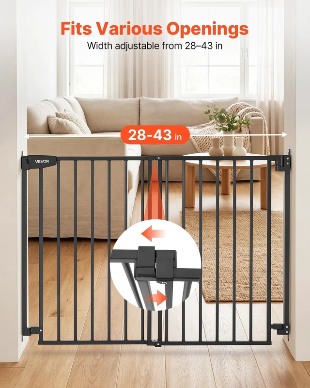 Alt view image 3 of 8 - VEVOR Baby Gate for Stairs, 28-43 in Adjustable Width, 36 in High Dog Gate, No Bottom Bar, One-Handed Operation, Easy Drilling Installation with Hardware Kit, for Stairs, Doorways, and House, Black