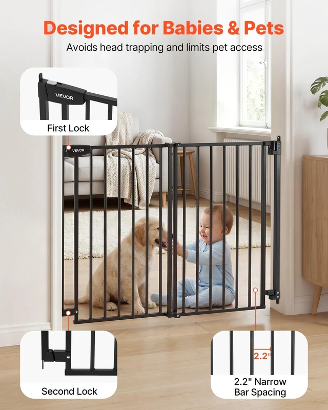 Alt view image 5 of 8 - VEVOR Baby Gate for Stairs, 28-43 in Adjustable Width, 36 in High Dog Gate, No Bottom Bar, One-Handed Operation, Easy Drilling Installation with Hardware Kit, for Stairs, Doorways, and House, Black