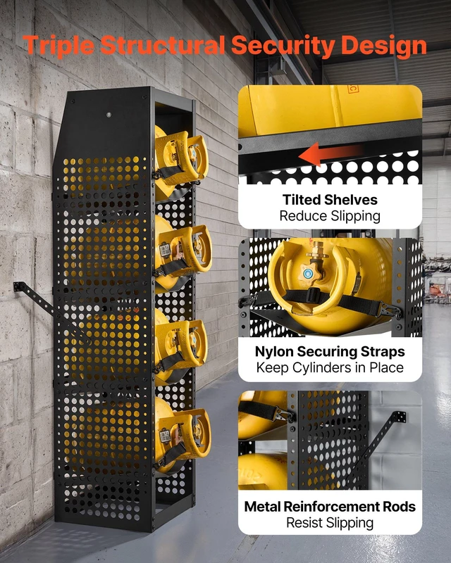 Alt view image 4 of 8 - VEVOR Refrigerant Tank Rack, 14.8 x 13 x 52 inches, 4 Tiers for 4 Cylinder, with Top Storage Shelf, Black Powder-Coated Carbon Steel, Cylinder Tank Rack for Cargo Van, Storing Oxygen, and Nitrogen
