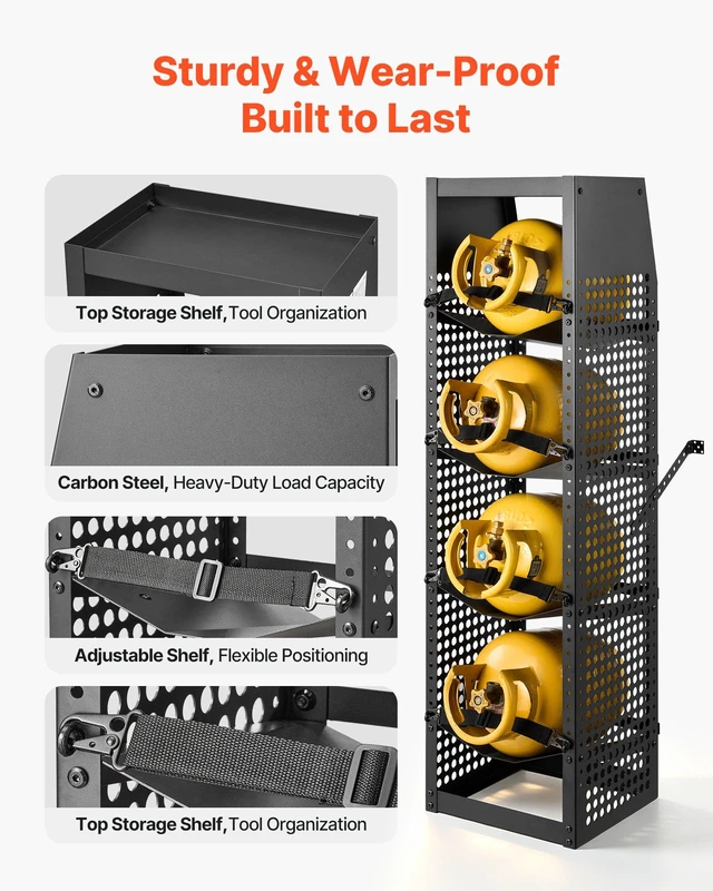 Alt view image 5 of 8 - VEVOR Refrigerant Tank Rack, 14.8 x 13 x 52 inches, 4 Tiers for 4 Cylinder, with Top Storage Shelf, Black Powder-Coated Carbon Steel, Cylinder Tank Rack for Cargo Van, Storing Oxygen, and Nitrogen