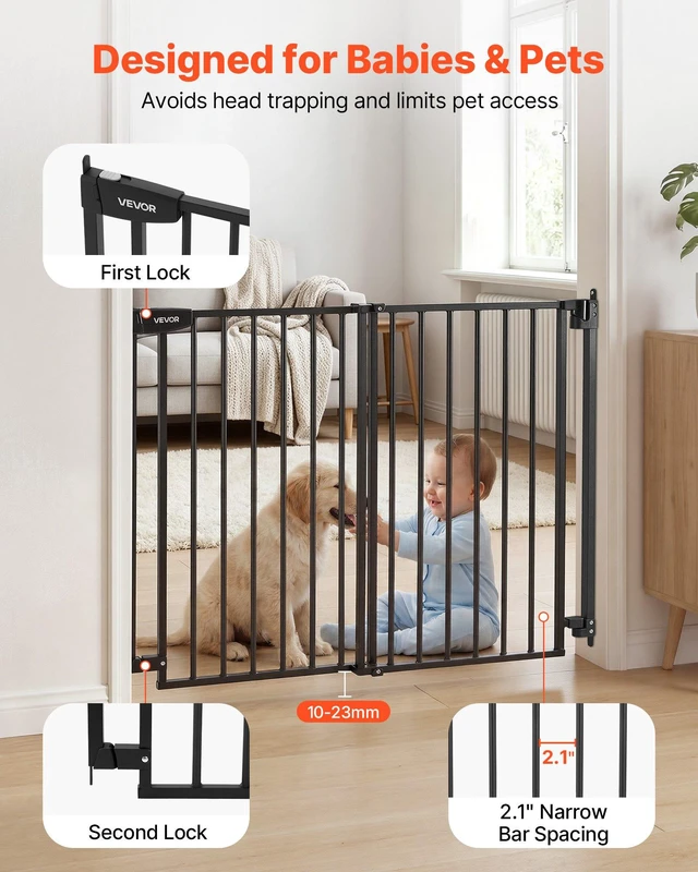 Alt view image 5 of 8 - VEVOR Baby Gate for Stairs, 28-43 in Adjustable Width, 30 in High Dog Gate, No Bottom Bar, One-Handed Operation, Easy Drilling Installation with Hardware Kit, for Stairs, Doorways, and House, Black