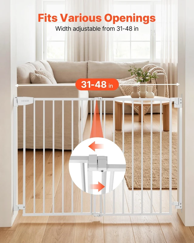 Alt view image 3 of 8 - VEVOR Baby Gate for Stairs, 31-48 in Adjustable Width, 30 in High Dog Gate, No Bottom Bar, One-Handed Operation, Easy Drilling Installation with Hardware Kit, for Stairs, Doorways, and House, White
