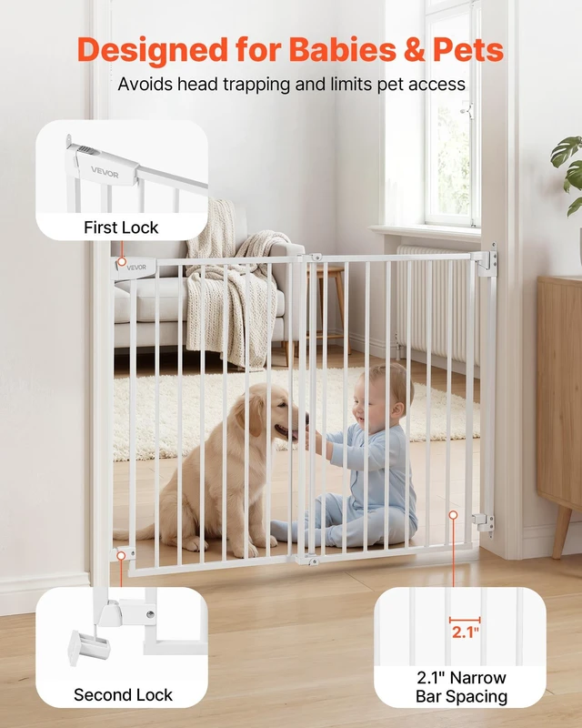 Alt view image 5 of 8 - VEVOR Baby Gate for Stairs, 31-48 in Adjustable Width, 30 in High Dog Gate, No Bottom Bar, One-Handed Operation, Easy Drilling Installation with Hardware Kit, for Stairs, Doorways, and House, White