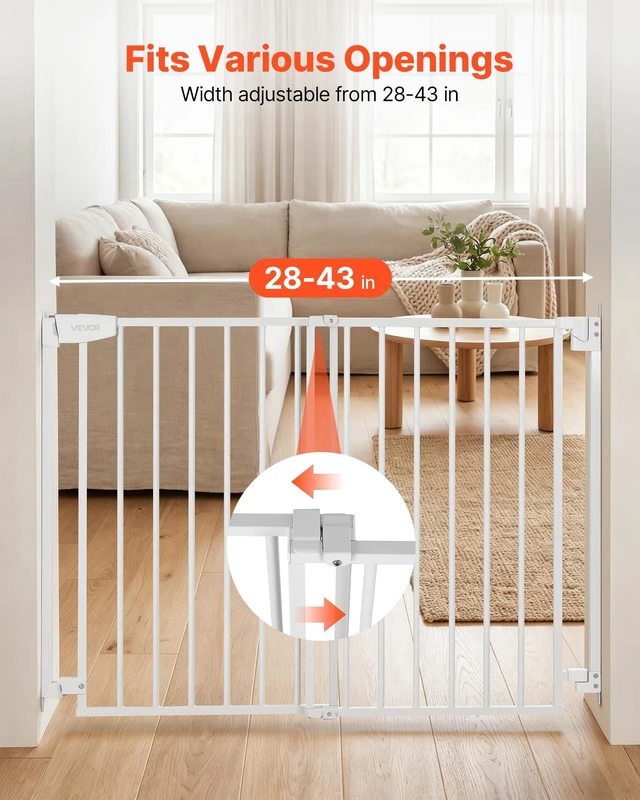 Alt view image 3 of 8 - VEVOR Baby Gate for Stairs, 28-43 in Adjustable Width, 30 in High Dog Gate, No Bottom Bar, One-Handed Operation, Easy Drilling Installation with Hardware Kit, for Stairs, Doorways, and House, White