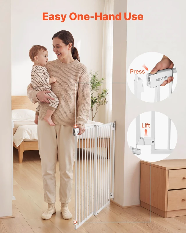 Alt view image 6 of 8 - VEVOR Baby Gate for Stairs, 28-43 in Adjustable Width, 30 in High Dog Gate, No Bottom Bar, One-Handed Operation, Easy Drilling Installation with Hardware Kit, for Stairs, Doorways, and House, White