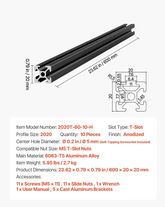 Alt view image 7 of 8 - VEVOR 10PCS 2020 Aluminum Extrusion Profile, 23.62 Inch 600 mm, T Slot European Standard Anodized Linear Rail, High-Strength Extruded Aluminum Rail, for 3D Printer Parts and CNC DIY Workbench, Black
