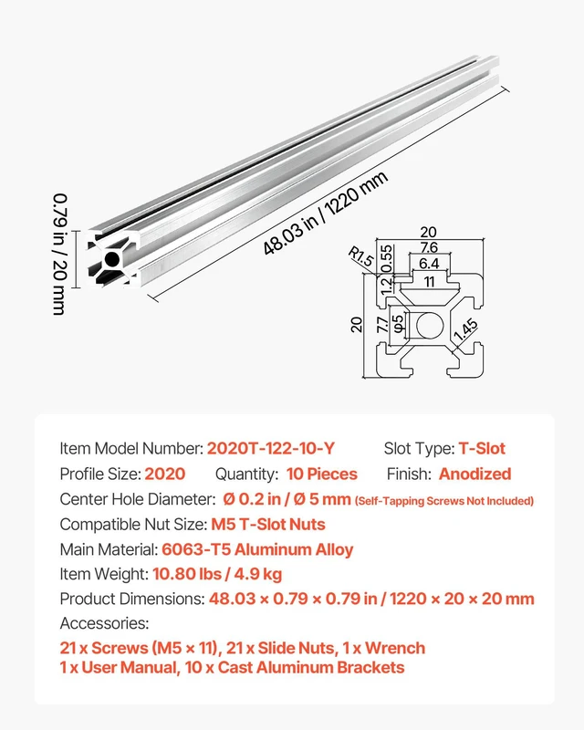 Alt view image 7 of 8 - VEVOR 10PCS 2020 Aluminum Extrusion Profile, 48 Inch 1220 mm, T Slot European Standard Anodized Linear Rail, High-Strength Extruded Aluminum Rail, for 3D Printer Parts and CNC DIY Workbench, Silver