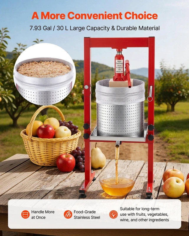 Alt view image 2 of 8 - VEVOR Hydraulic Fruit Wine Press, 7.93Gal/30L, Stainless Steel Heavy Duty Manual Juice Maker, Cider Apple Grape Vegetable Crusher, Cheese/Tincture/Herbal Press, with 2 Filter Bags, for Kitchen Home