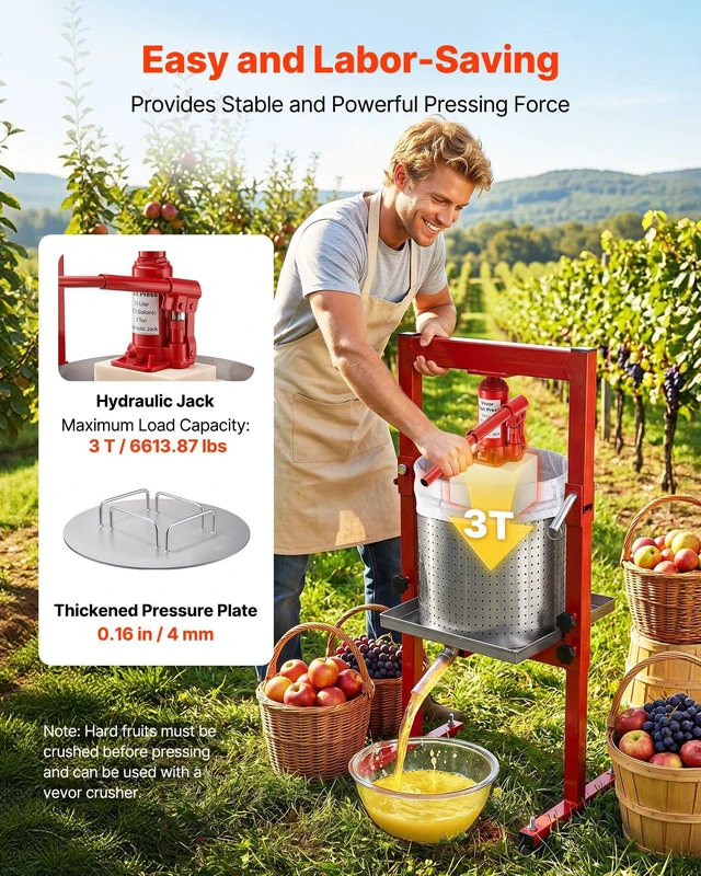 Alt view image 3 of 8 - VEVOR Hydraulic Fruit Wine Press, 7.93Gal/30L, Stainless Steel Heavy Duty Manual Juice Maker, Cider Apple Grape Vegetable Crusher, Cheese/Tincture/Herbal Press, with 2 Filter Bags, for Kitchen Home