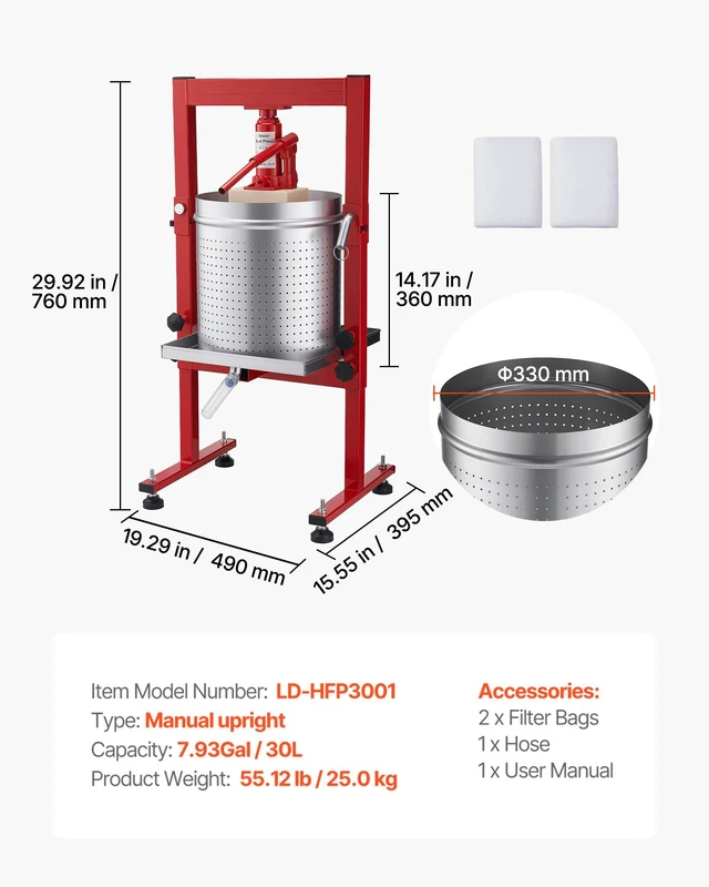 Alt view image 7 of 8 - VEVOR Hydraulic Fruit Wine Press, 7.93Gal/30L, Stainless Steel Heavy Duty Manual Juice Maker, Cider Apple Grape Vegetable Crusher, Cheese/Tincture/Herbal Press, with 2 Filter Bags, for Kitchen Home