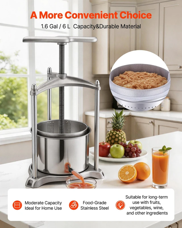 Alt view image 2 of 8 - VEVOR Fruit Wine Press, 1.6 Gallon/6L, Stainless Steel Manual Juice Maker with Powerful T-Shaped Handle, Juice Making for Apple/Grape/Orange/Berry, Cheese/Tincture/Herbal Press, for Kitchen Home