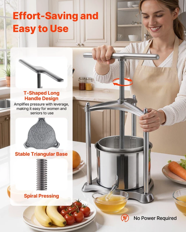Alt view image 3 of 8 - VEVOR Fruit Wine Press, 1.6 Gallon/6L, Stainless Steel Manual Juice Maker with Powerful T-Shaped Handle, Juice Making for Apple/Grape/Orange/Berry, Cheese/Tincture/Herbal Press, for Kitchen Home