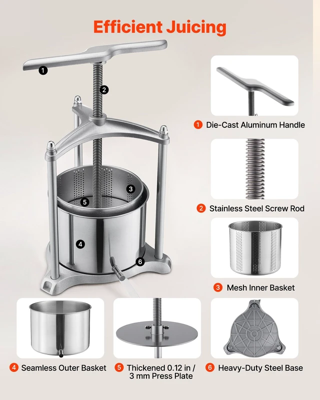 Alt view image 5 of 8 - VEVOR Fruit Wine Press, 1.6 Gallon/6L, Stainless Steel Manual Juice Maker with Powerful T-Shaped Handle, Juice Making for Apple/Grape/Orange/Berry, Cheese/Tincture/Herbal Press, for Kitchen Home