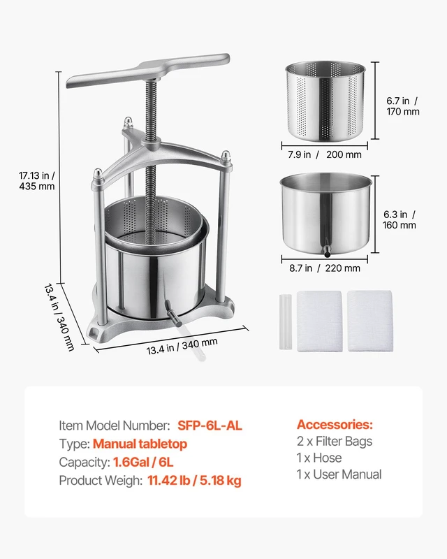 Alt view image 7 of 8 - VEVOR Fruit Wine Press, 1.6 Gallon/6L, Stainless Steel Manual Juice Maker with Powerful T-Shaped Handle, Juice Making for Apple/Grape/Orange/Berry, Cheese/Tincture/Herbal Press, for Kitchen Home
