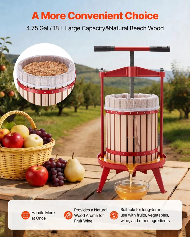 Alt view image 2 of 8 - VEVOR Fruit Wine Press, 4.75Gal/18L Manual Juice Maker, Solid Beech Wood Basket, Vintage Traditional Juicer with 2 Filter Bags, Heavy Duty T-Shaped Handle Bar for Cider Apple Grape Press, Kitchen Home