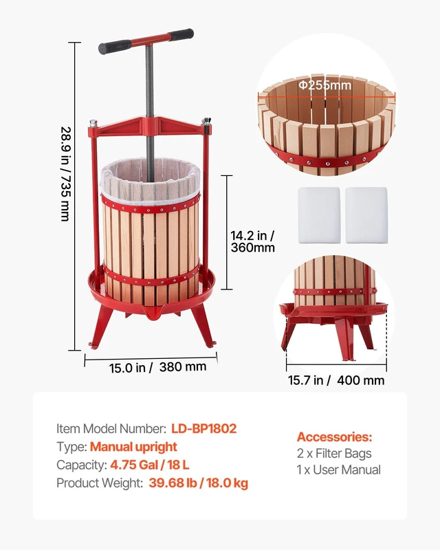 Alt view image 7 of 8 - VEVOR Fruit Wine Press, 4.75Gal/18L Manual Juice Maker, Solid Beech Wood Basket, Vintage Traditional Juicer with 2 Filter Bags, Heavy Duty T-Shaped Handle Bar for Cider Apple Grape Press, Kitchen Home