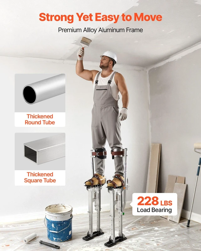 Alt view image 5 of 8 - VEVOR Drywall Stilts, 16.124.1 in Adjustable Aluminum Painter Stilts, 228 lbs Load Capacity, Non-Slip Rubber Feet, Dual Spring Shock Absorption, Comfortable Leg Straps for Painting, Decoration,Silver