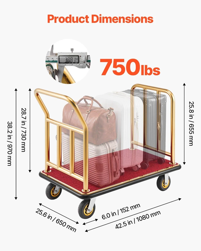 Alt view image 3 of 8 - VEVOR Hotel Luggage Cart, 750 lbs Heavy Duty Bellman Cart with Stainless Steel Frame, 6 in Rubber Wheels, Red Carpeted Deck, Commercial Luggage Carrier Rolling Trolley for Hotels, Resorts, Gold