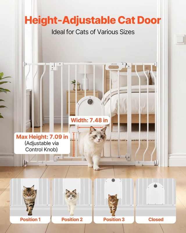 Alt view image 2 of 8 - VEVOR Baby Gate for Stairs, 29.5-43 in Adjustable Width, Baby Gate with Adjustable Cat Door, with Pressure Mount Kit and Wall Mount Kit, Secure Metal Pet Door for Stairs, Doorways, and House, White