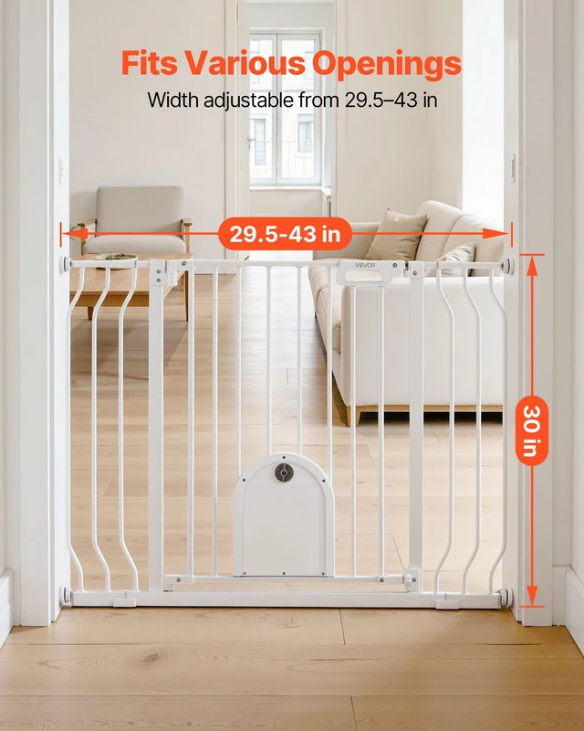 Alt view image 3 of 8 - VEVOR Baby Gate for Stairs, 29.5-43 in Adjustable Width, Baby Gate with Adjustable Cat Door, with Pressure Mount Kit and Wall Mount Kit, Secure Metal Pet Door for Stairs, Doorways, and House, White