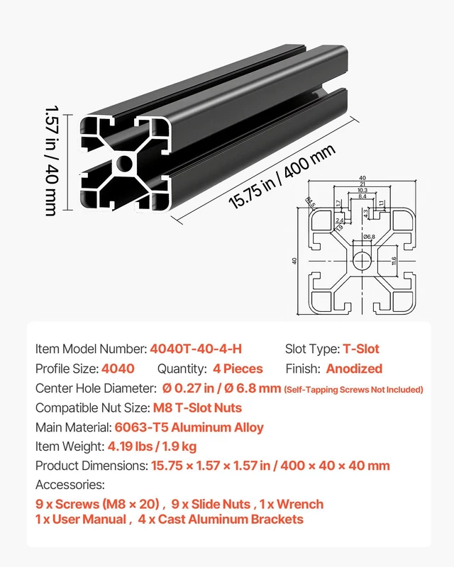 Alt view image 7 of 8 - VEVOR 4PCS 4040 Aluminum Extrusion Profile, 15.75 Inch 400 mm, T Slot European Standard Anodized Linear Rail, High-Strength Extruded Aluminum Rail, for 3D Printer Parts and CNC DIY Workbench, Black