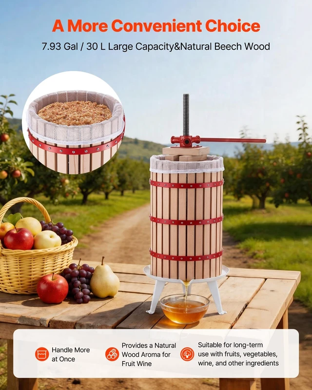 Alt view image 2 of 8 - VEVOR Fruit Wine Press, 7.93Gal/30L Manual Juice Maker, Solid Beech Wood Basket, Vintage Traditional Juicer with 6 Press Wooden Blocks, 2 Filter Bags, Heavy Duty Pole Handle Bar for Cider Apple Grape