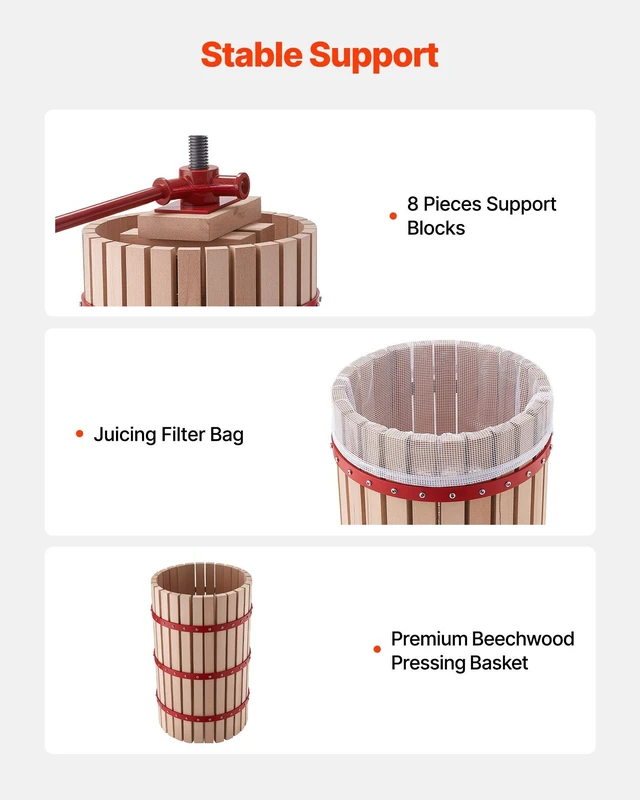 Alt view image 4 of 8 - VEVOR Fruit Wine Press, 7.93Gal/30L Manual Juice Maker, Solid Beech Wood Basket, Vintage Traditional Juicer with 6 Press Wooden Blocks, 2 Filter Bags, Heavy Duty Pole Handle Bar for Cider Apple Grape