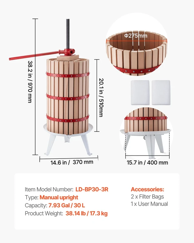 Alt view image 7 of 8 - VEVOR Fruit Wine Press, 7.93Gal/30L Manual Juice Maker, Solid Beech Wood Basket, Vintage Traditional Juicer with 6 Press Wooden Blocks, 2 Filter Bags, Heavy Duty Pole Handle Bar for Cider Apple Grape