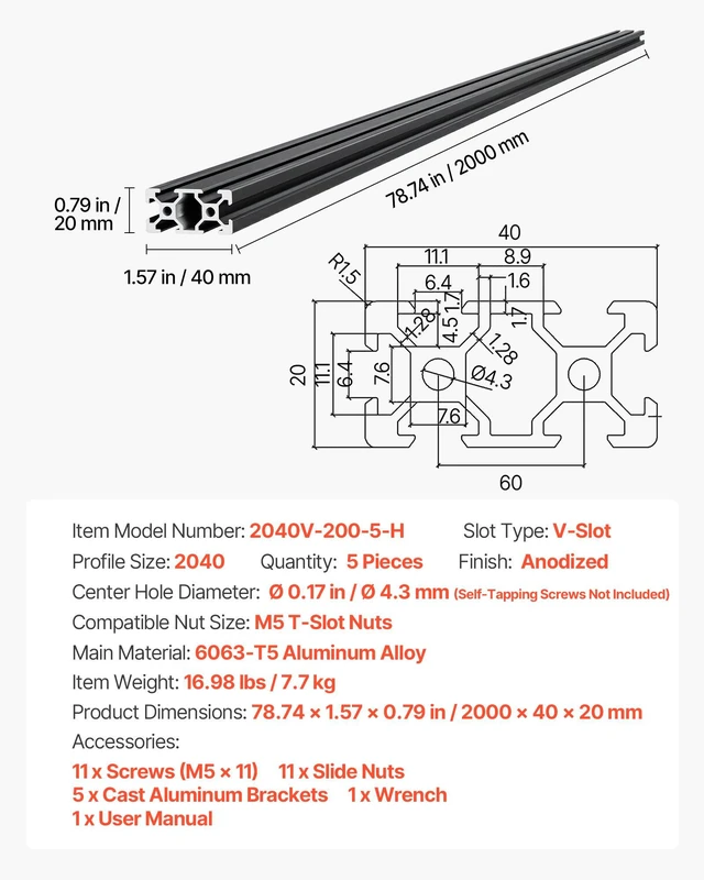 Alt view image 7 of 8 - VEVOR 5PCS 2040 Aluminum Extrusion Profile, 78.74 Inch 2000 mm, V Slot European Standard Anodized Linear Rail, High-Strength Extruded Aluminum Rail, for 3D Printer Parts and CNC DIY Workbench, Black
