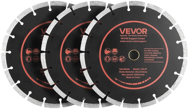 Main image of VEVOR Diamond Blades 9 inch, 3-Pack Concrete Saw Blade Set, 7/8 in Arbor, High-Hardness Diamond Segments, 65Mn Steel Core, Dry Wet Cutting, Clean Edges for Concrete, Masonry, Brick, Stone, Granite