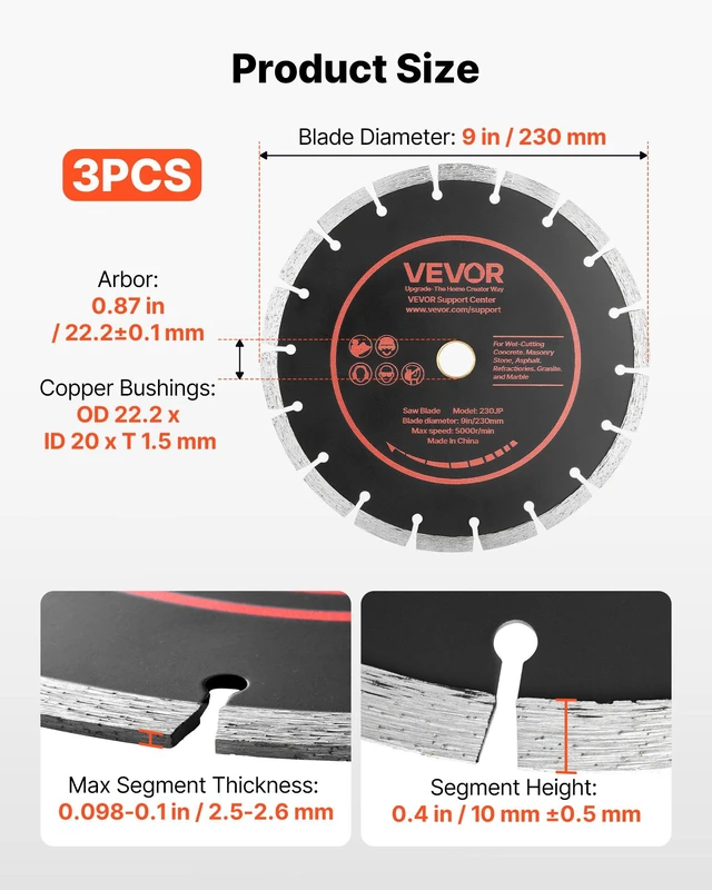 Alt view image 2 of 8 - VEVOR Diamond Blades 9 inch, 3-Pack Concrete Saw Blade Set, 7/8 in Arbor, High-Hardness Diamond Segments, 65Mn Steel Core, Dry Wet Cutting, Clean Edges for Concrete, Masonry, Brick, Stone, Granite