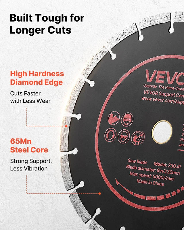 Alt view image 4 of 8 - VEVOR Diamond Blades 9 inch, 3-Pack Concrete Saw Blade Set, 7/8 in Arbor, High-Hardness Diamond Segments, 65Mn Steel Core, Dry Wet Cutting, Clean Edges for Concrete, Masonry, Brick, Stone, Granite
