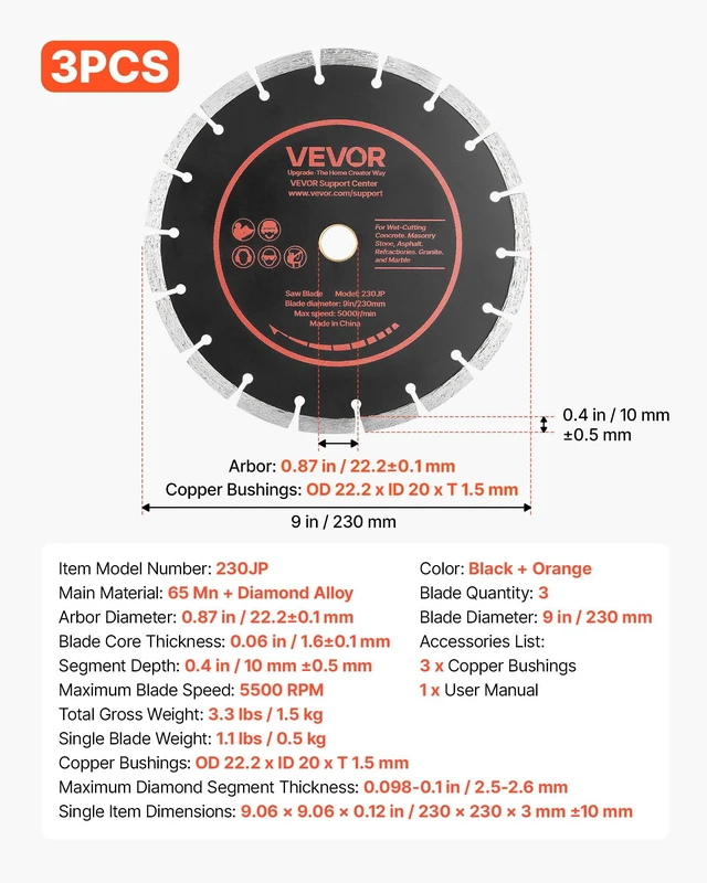 Alt view image 7 of 8 - VEVOR Diamond Blades 9 inch, 3-Pack Concrete Saw Blade Set, 7/8 in Arbor, High-Hardness Diamond Segments, 65Mn Steel Core, Dry Wet Cutting, Clean Edges for Concrete, Masonry, Brick, Stone, Granite
