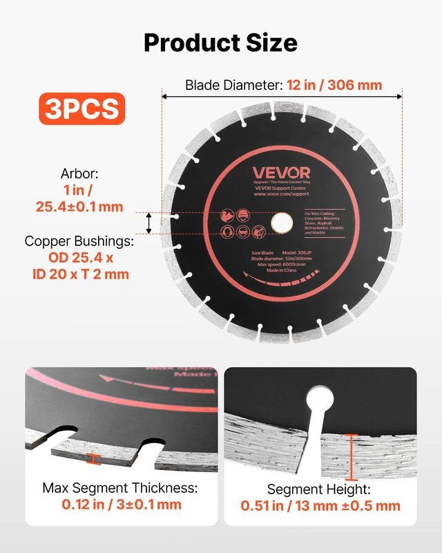 Alt view image 2 of 7 - VEVOR Diamond Blades 12 inch, 3-Pack Concrete Saw Blade Set, 1 in Arbor, High-Hardness Diamond Segments, 65Mn Steel Core, Dry Wet Cutting, Clean Edges for Concrete, Masonry, Brick, Stone, Granite