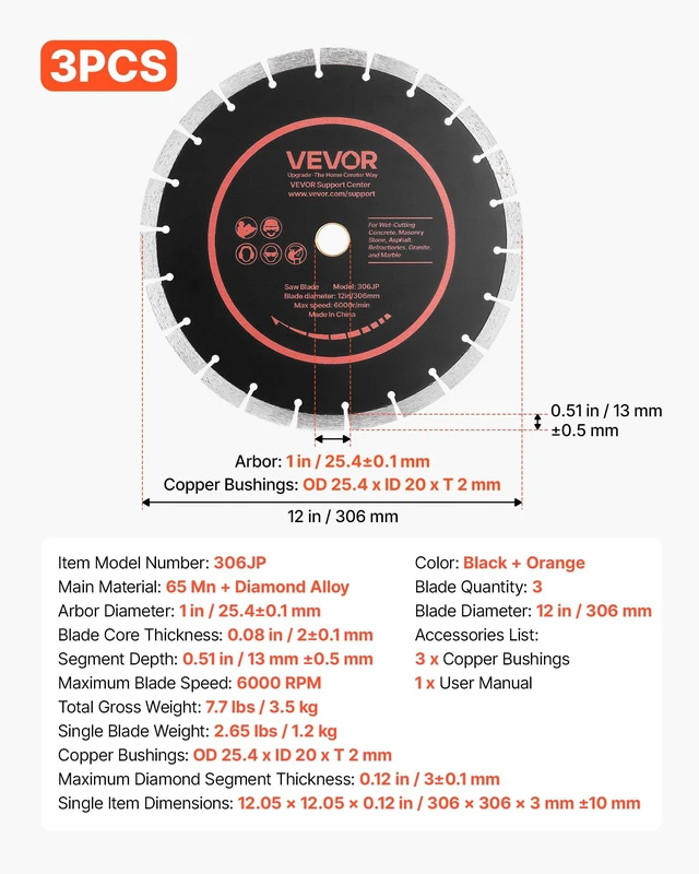 Alt view image 6 of 7 - VEVOR Diamond Blades 12 inch, 3-Pack Concrete Saw Blade Set, 1 in Arbor, High-Hardness Diamond Segments, 65Mn Steel Core, Dry Wet Cutting, Clean Edges for Concrete, Masonry, Brick, Stone, Granite
