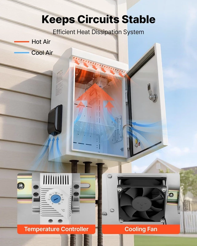 Alt view image 3 of 8 - VEVOR Outdoor Electrical Box, Cold-Rolled Steel, Electrical Junction Box with Thermostat and Fan, Rain Hood, Ventilated Design, IP65 Waterproof Hinged Enclosure, Wall/Pole Mounted, 16 x 12 x 8 in
