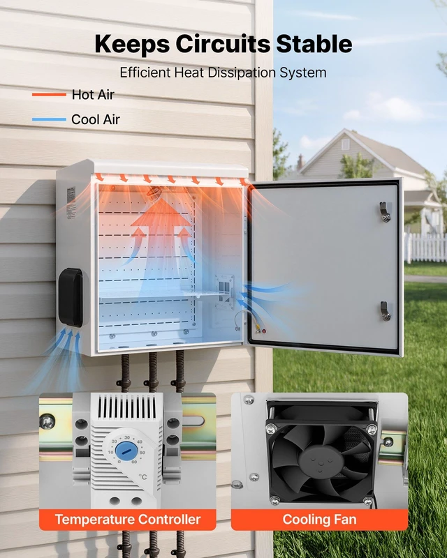 Alt view image 3 of 8 - VEVOR Outdoor Electrical Box, Cold-Rolled Steel, Electrical Junction Box with Thermostat and Fan, Rain Hood, Ventilated Design, IP65 Waterproof Hinged Enclosure, Wall/Pole Mounted, 24 x 24 x 12 in