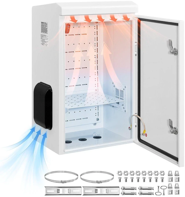 Main image of VEVOR Outdoor Electrical Box, Cold-Rolled Steel, Electrical Junction Box with Thermostat and Fan, Rain Hood, Ventilated Design, IP65 Waterproof Hinged Enclosure, Wall/Pole Mounted, 24 x 16 x 12 in