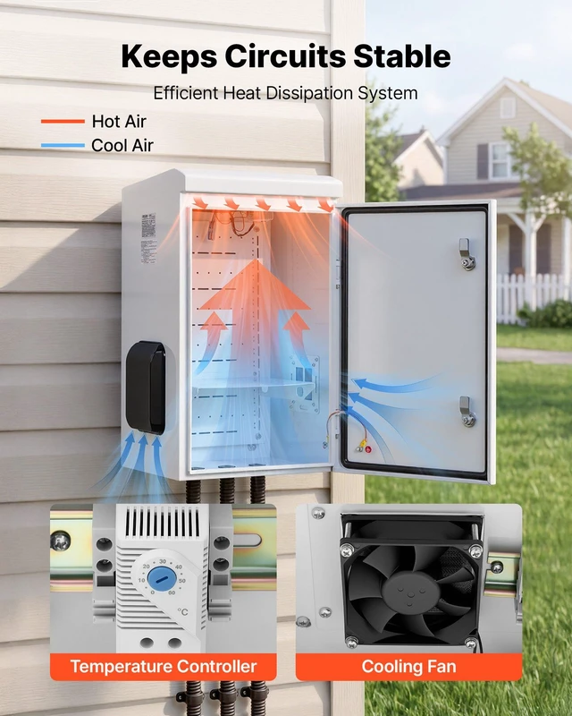 Alt view image 3 of 8 - VEVOR Outdoor Electrical Box, Cold-Rolled Steel, Electrical Junction Box with Thermostat and Fan, Rain Hood, Ventilated Design, IP65 Waterproof Hinged Enclosure, Wall/Pole Mounted, 24 x 16 x 12 in