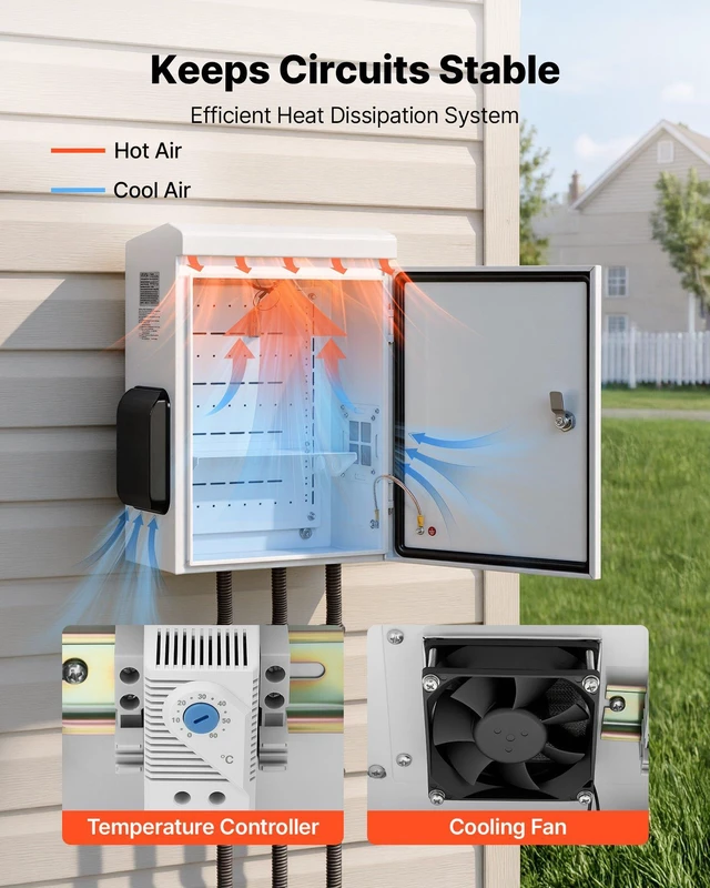 Alt view image 3 of 8 - VEVOR Outdoor Electrical Box, Cold-Rolled Steel, Electrical Junction Box with Thermostat and Fan, Rain Hood, Ventilated Design, IP65 Waterproof Hinged Enclosure, Wall/Pole Mounted, 20 x 16 x 8 in