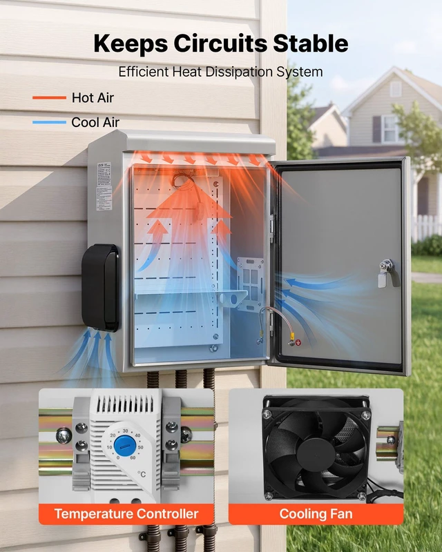Alt view image 3 of 8 - VEVOR Outdoor Electrical Box, 20 x 16 x 8 in, Stainless Steel Ventilated Electrical Enclosure with Thermostat and Fan, Rain Hood, Hinge Connection, IP65 Waterproof Junction Box, Wall/Pole Mounted,