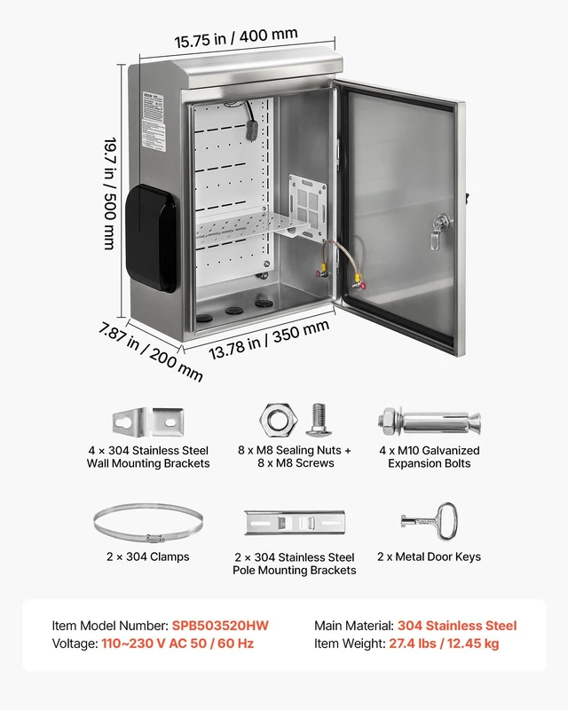 Alt view image 7 of 8 - VEVOR Outdoor Electrical Box, 20 x 16 x 8 in, Stainless Steel Ventilated Electrical Enclosure with Thermostat and Fan, Rain Hood, Hinge Connection, IP65 Waterproof Junction Box, Wall/Pole Mounted,