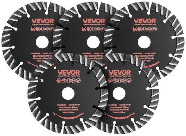 Main image of VEVOR Diamond Blades 5.24 inch, 5-Pack Wall Chaser Saw Blade Cutting Blade, 0.79 in Arbor, High-Hardness Diamond Segments, 65Mn Steel Core, Dry Wet Cutting, Clean Edges for Concrete Brick Stone Cement