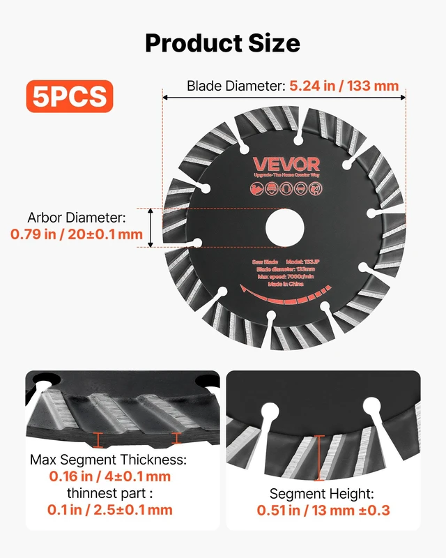 Alt view image 2 of 8 - VEVOR Diamond Blades 5.24 inch, 5-Pack Wall Chaser Saw Blade Cutting Blade, 0.79 in Arbor, High-Hardness Diamond Segments, 65Mn Steel Core, Dry Wet Cutting, Clean Edges for Concrete Brick Stone Cement