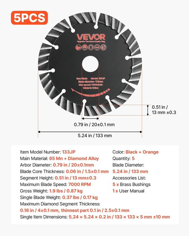 Alt view image 7 of 8 - VEVOR Diamond Blades 5.24 inch, 5-Pack Wall Chaser Saw Blade Cutting Blade, 0.79 in Arbor, High-Hardness Diamond Segments, 65Mn Steel Core, Dry Wet Cutting, Clean Edges for Concrete Brick Stone Cement