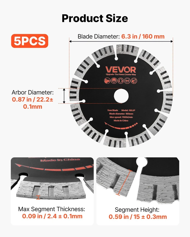 Alt view image 2 of 8 - VEVOR Diamond Blades 6.3 inch, 5-Pack Wall Chaser Saw Blade Cutting Blade, 0.87 in Arbor, High-Hardness Diamond Segments, 65Mn Steel Core, Dry Wet Cutting, Clean Edges for Concrete Brick Stone Cement